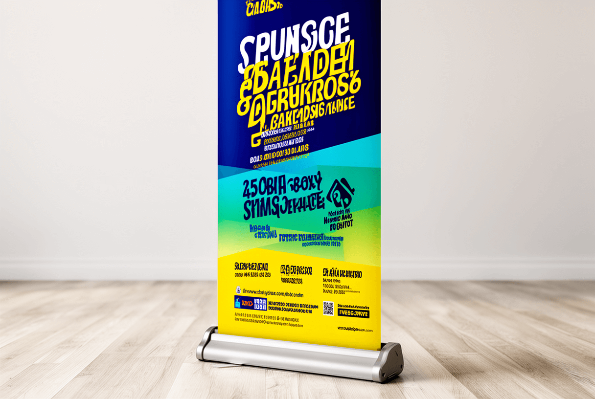 Roll-up posé sur sol bois clair, arrière-plan flou, couleurs vives mises en valeur